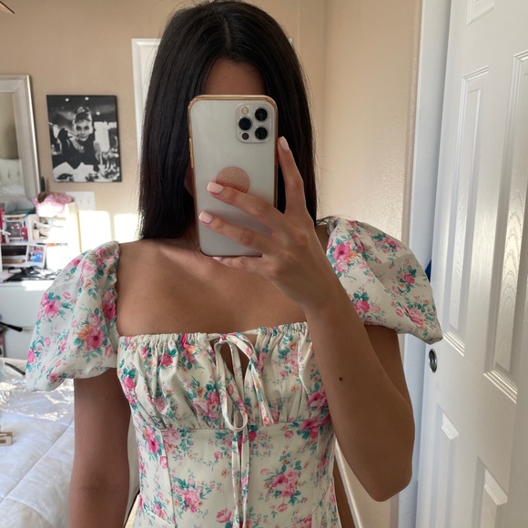 Puff Sleeve High Slit Floral Print Dress - Picture 3 of 9